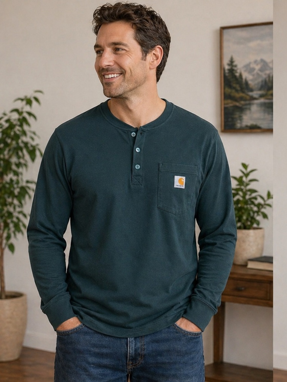 Carhartt Dark Green Long Sleeve Henley Pocket Tee Size XL Rugged Workwear